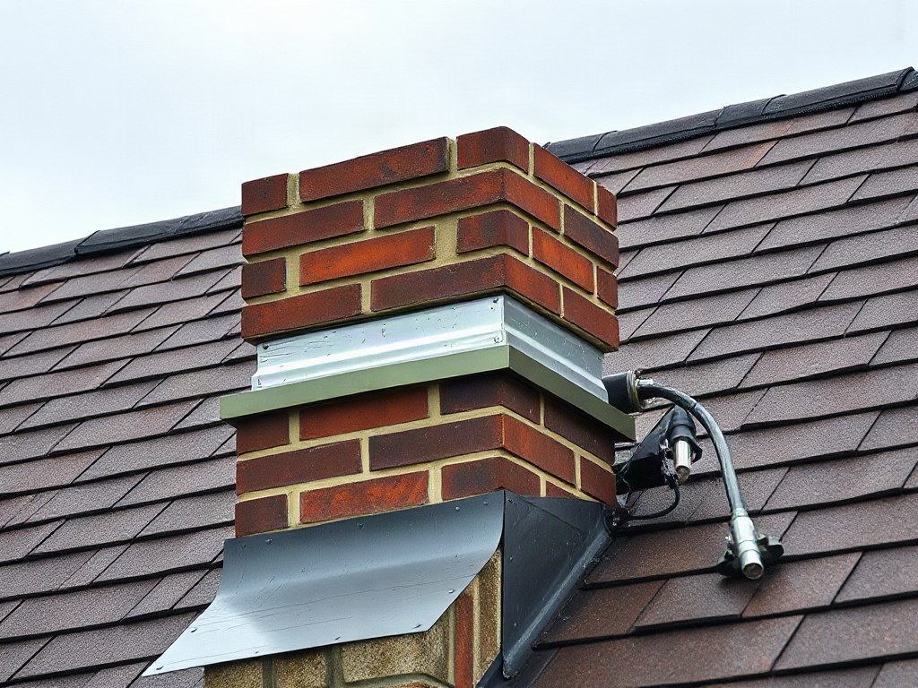 Brick chimney with lifted metal flashing surrounded by rain-darkened asphalt shingles