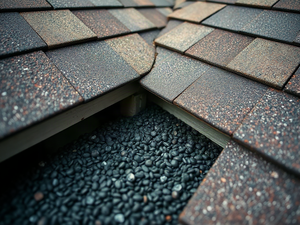 Dark granules pooled in a gutter beneath patchy asphalt roof shingles