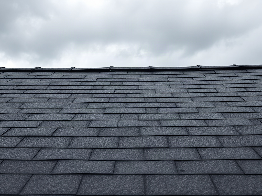 Asphalt roof with several missing tabs, exposed underlayment, and storm clouds