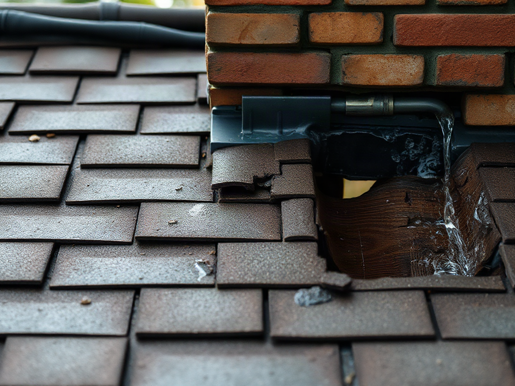 Wet shingles and damaged chimney flashing with water entering the attic