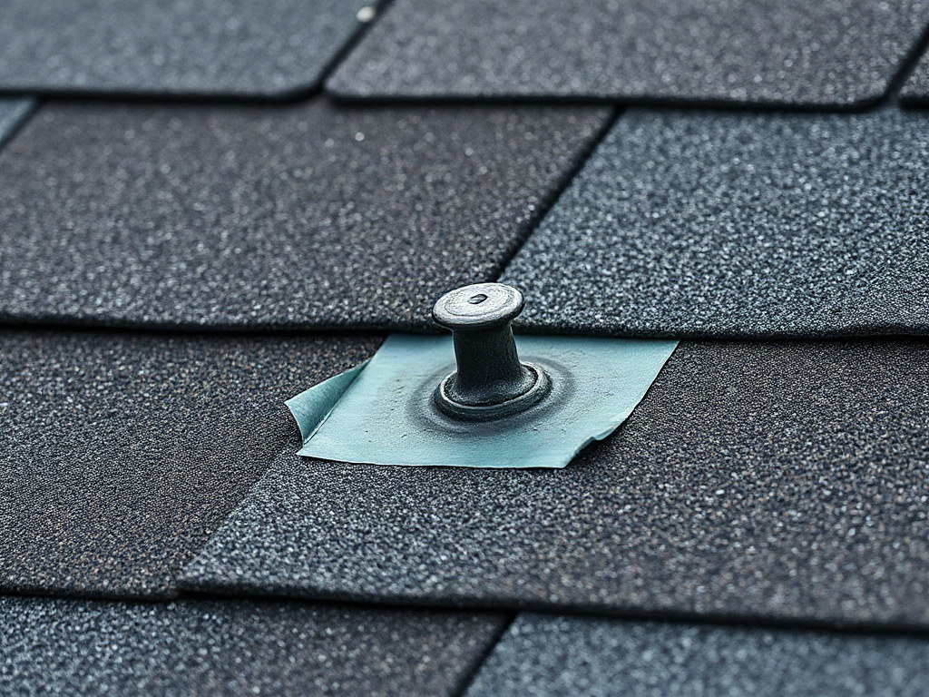 Close-up of a raised nail beneath a lifted asphalt shingle on a roof