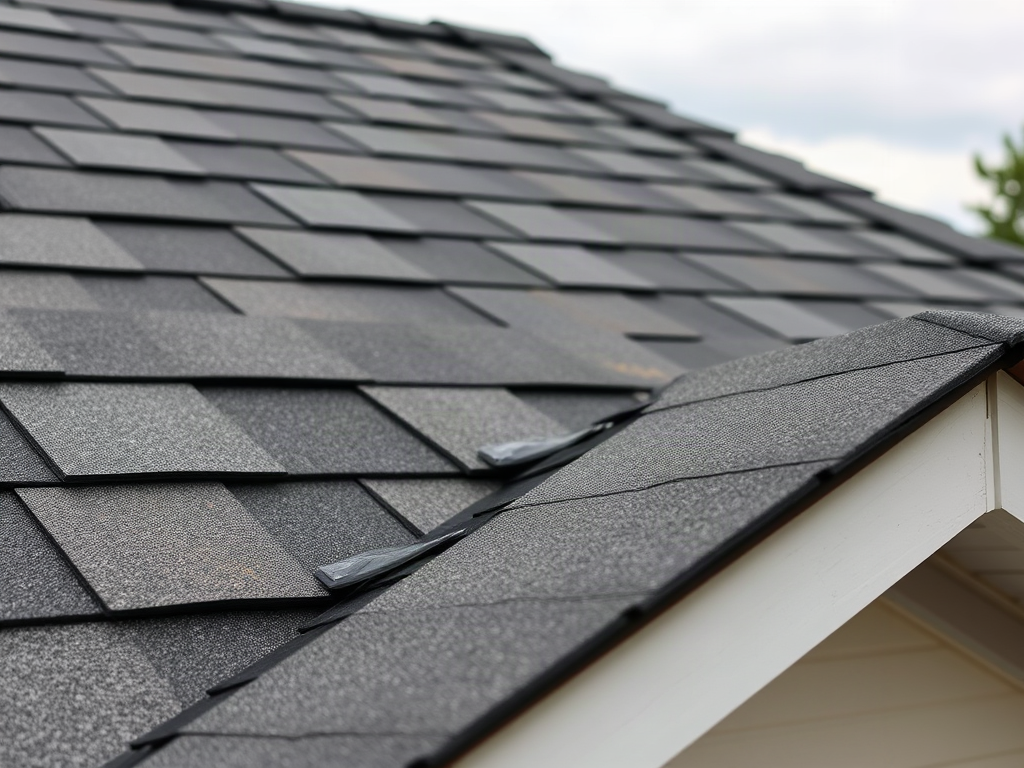 Curled asphalt shingle edges beside flat tabs on a residential roof slope
