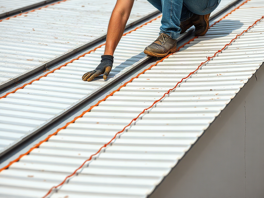 Roofer aligning ribbed metal panels on underlayment beside installed eave flashing